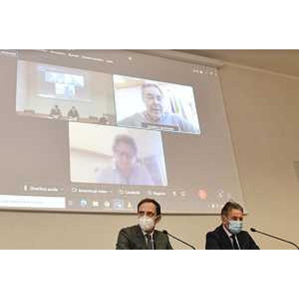 Un momento della conferenza stampa che si è tenuta in Regione a Trieste. In primo piano il governatore Massimiliano Fedriga e l'assessore Fabio Scoccimarro. Collegati da remoto l'assessore Graziano Pizzimenti e il presidente dell'Autorità di sistema portuale Zeno D'Agostino - Un momento della conferenza stampa che si è tenuta in Regione a Trieste. In primo piano il governatore Massimiliano Fedriga e l'assessore Fabio Scoccimarro. Collegati da remoto l'assessore Graziano Pizzimenti e il presidente dell'Autorità di sistema portuale Zeno D'Agostino