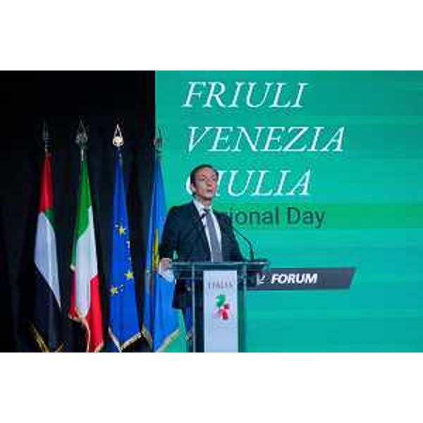 L'intervento del Governatore del Friuli Venezia Giulia Massimiliano Fedriga durante il regional day all'expo di Dubai - italyexpo2020_Friuli Venezia Giulia Event Pic 25-02-2022