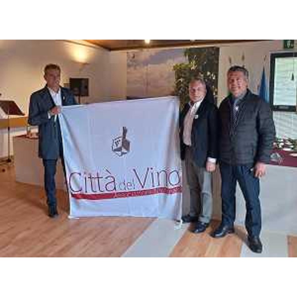 La consegna della bandiera delle Città del vino al sindaco Franco D'Altilia (secondo da destra) - La consegna della bandiera delle Città del vino al sindaco Franco D'Altilia (secondo da destra)