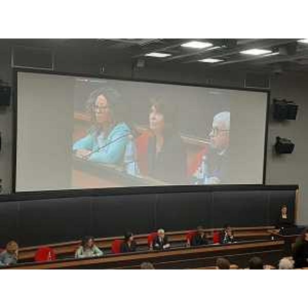 L'assessore regionale alla Ricerca Alessia Rosolen al centro dello schermo nella sala Budinich dell'Ictp di Miramare - L'assessore regionale alla Ricerca Alessia Rosolen al centro dello schermo nella sala Budinich dell'Ictp di Miramare