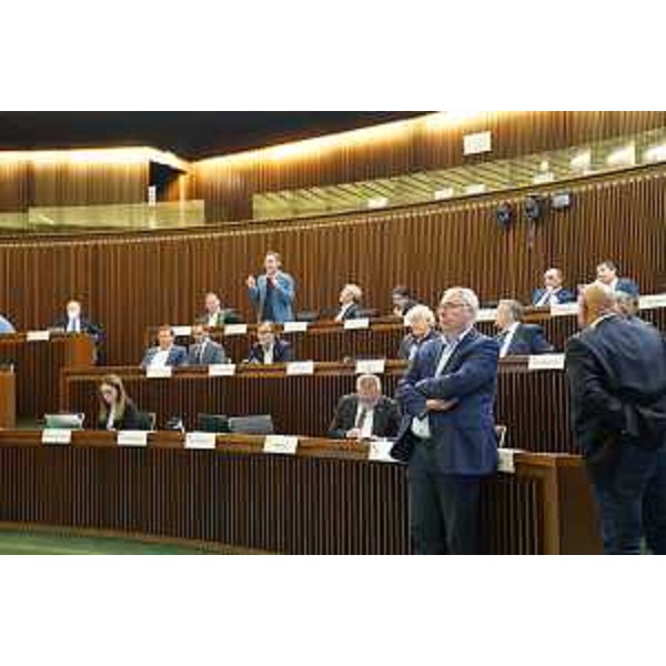 Il capogruppo Mauro Bordin (in piedi), davanti ai banchi della Lega - Il capogruppo Mauro Bordin (in piedi), davanti ai banchi della Lega