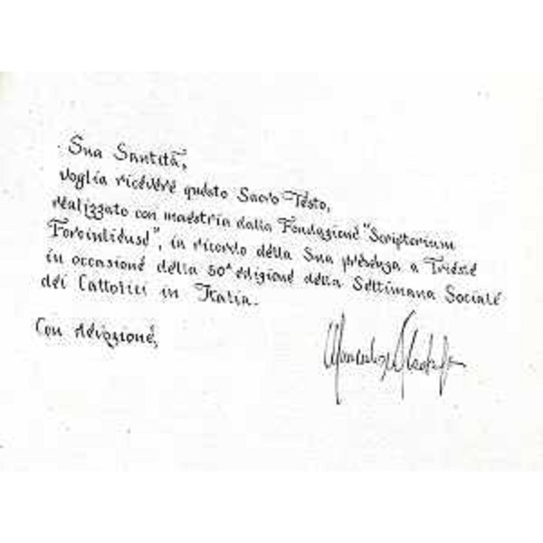 La dedica riportata sulla Bibbia donata dalla Regione al Santo Padre - La dedica riportata sulla Bibbia donata dalla Regione al Santo Padre