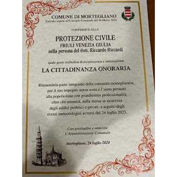 L'attestato di cittadinanza onortaria conferito dal Comune di Mortegliano - L'attestato di cittadinanza onortaria conferito dal Comune di Mortegliano