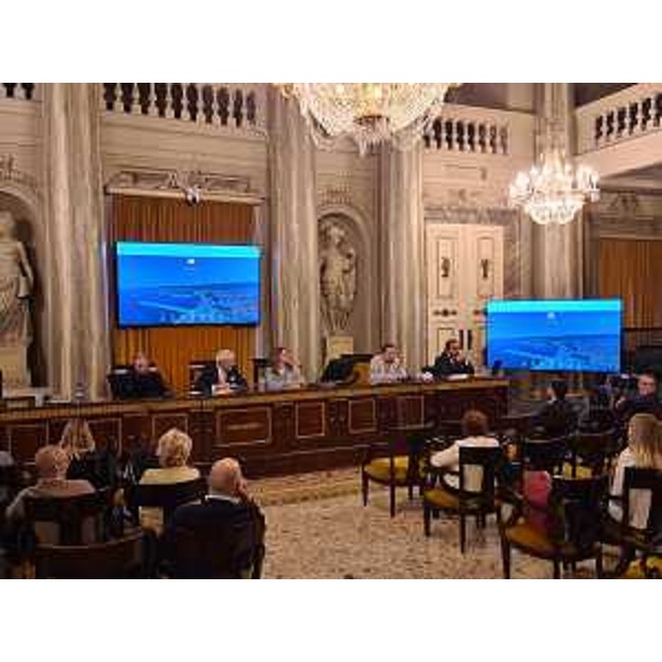 L'assessore regionale Fabio Scoccimarro (primo a sinistra) nella Sala Maggiore della Camera di commercio di Trieste - L'assessore regionale Fabio Scoccimarro (primo a sinistra) nella Sala Maggiore della Camera di commercio di Trieste