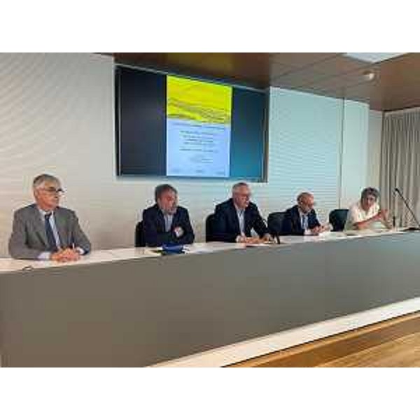 Il tavolo dei relatori: da sinistra Silvio Brusaferro, Mauro Pascolini, il presidente Mauro Bordin, il rettore Roberto Pinton e Alessio Fornasin - Il tavolo dei relatori: da sinistra Silvio Brusaferro, Mauro Pascolini, il presidente Mauro Bordin, il rettore Roberto Pinton e Alessio Fornasin