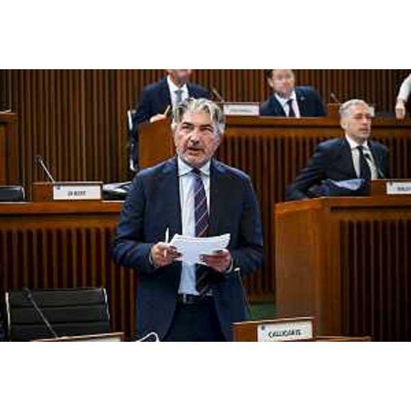 Il capogruppo leghista Antonio Calligaris illustra la mozione di governo all'Aula - Il capogruppo leghista Antonio Calligaris illustra la mozione di governo all'Aula