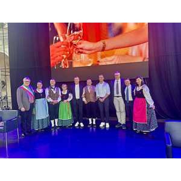 Foto di gruppo sul palco al termine della cerimonia: il presidente Bordin è il terzo da destra - Foto di gruppo sul palco al termine della cerimonia: il presidente Bordin è il terzo da destra